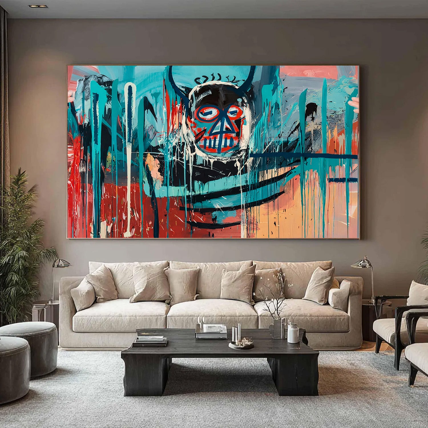 Modern living room with a large abstract painting on the wall.