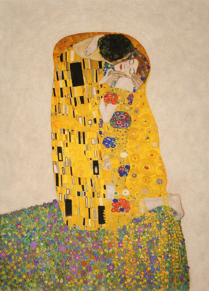 Artistic depiction of a couple embracing, inspired by Gustav Klimt's 'The Kiss', with a focus on vibrant colors and patterns.