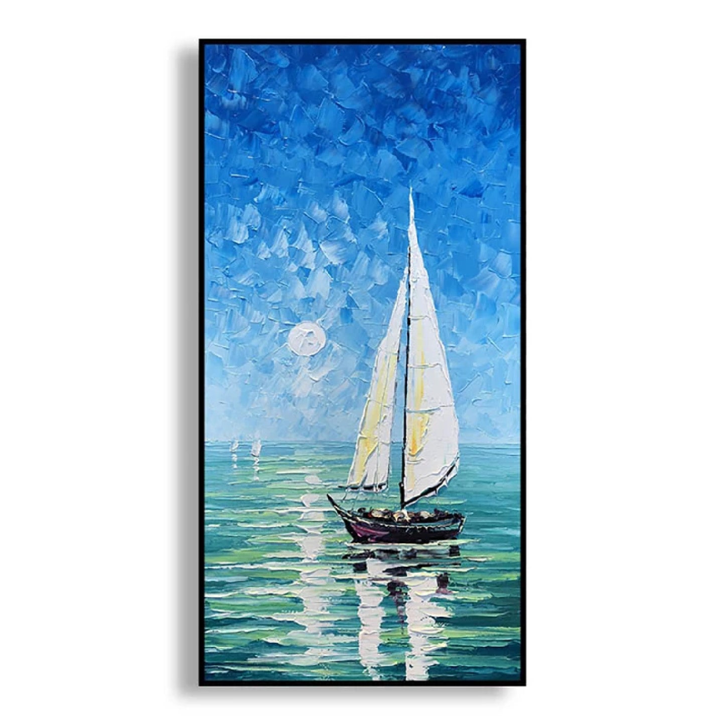 Tranquil Moonlight Sailboat Textured Blue Sea Wall Art