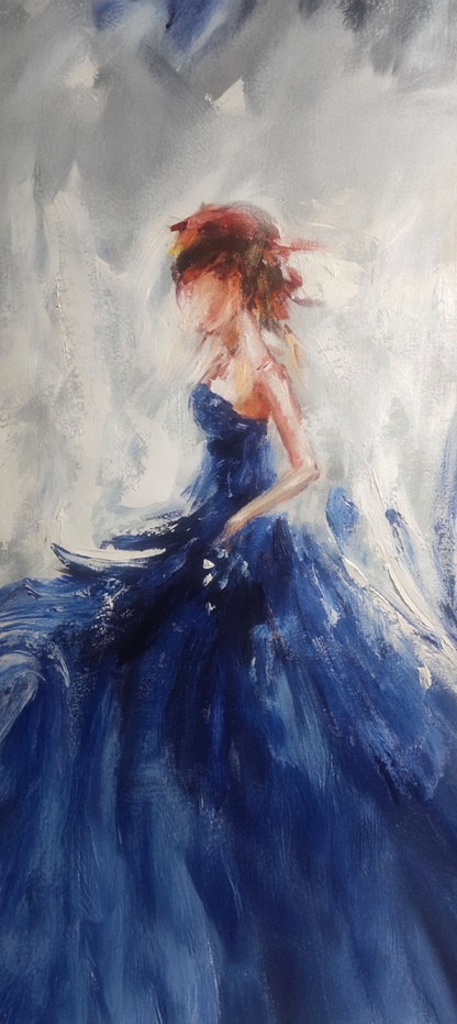 Abstract Woman in Blue Dress – Textured Figurative Canvas Painting with Impasto Brushwork