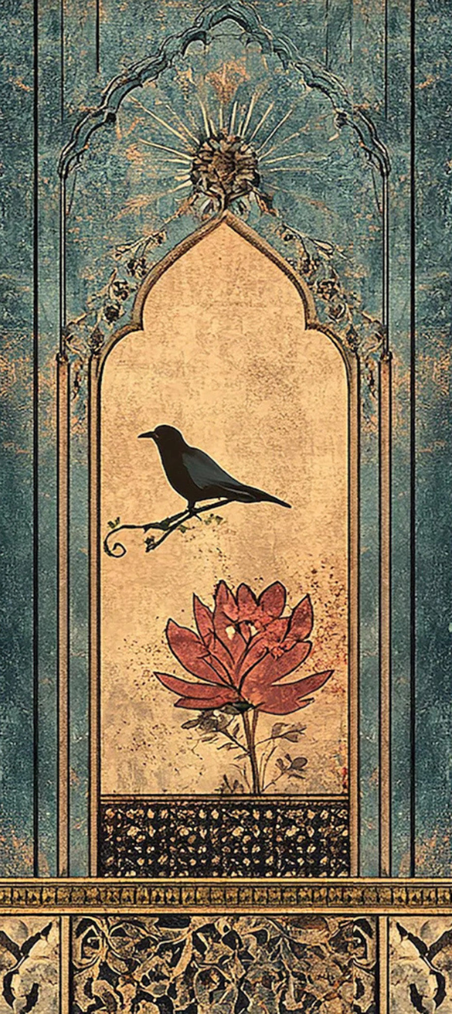 Mughal Bird & Floral Arch Painting – Hand-Painted Vintage Wall Art