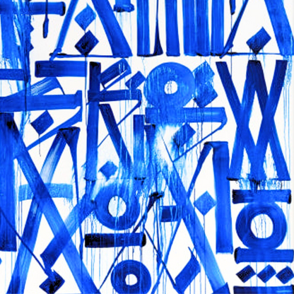 Graffiti White & Cobalt Blue Calligraphic Canvas – Hand-Painted Square Wall Art