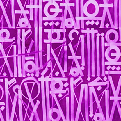 Pittura murale con caratteri calligrafici viola ispirati a Retna