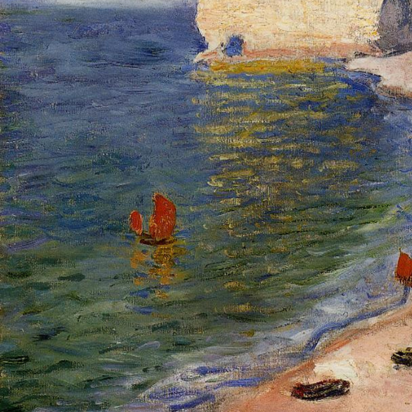 Monet Reproduction Étretat Beach with Boats – Hand-Painted Coastal Impressionist Art