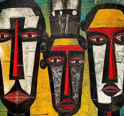 African Tribal Faces – Abstract Modern Art Painting on Canvas, Hand-Painted Ethnic Wall Décor