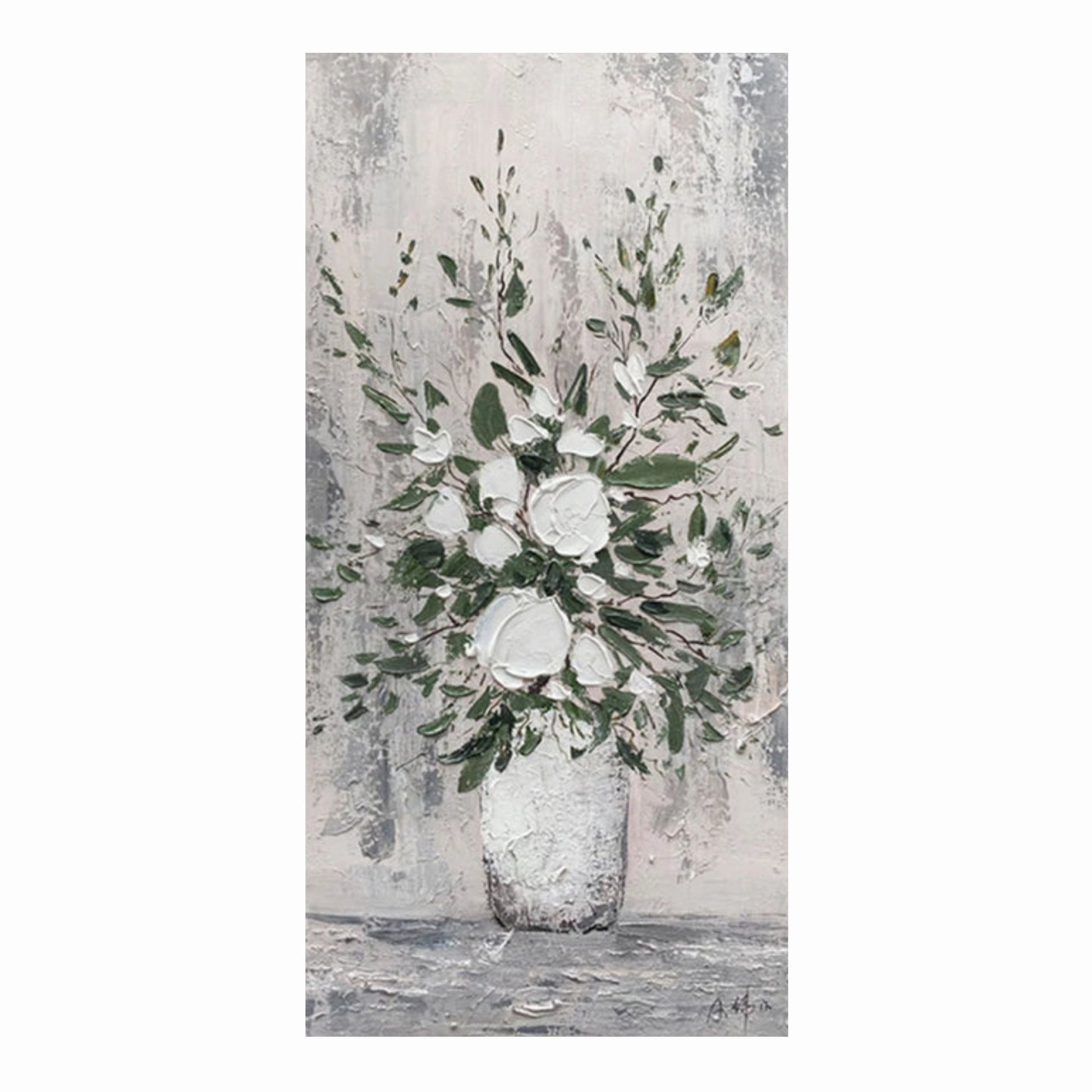 Painting of a floral arrangement in a vase with a textured gray background