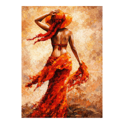 Artistic depiction of a woman in a flowing red dress against a textured beige background