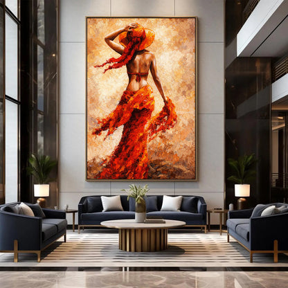 Modern living room with a large abstract painting of a woman in a red dress.
