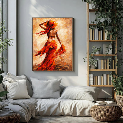 Living room with a painting of a woman in a red dress on the wall