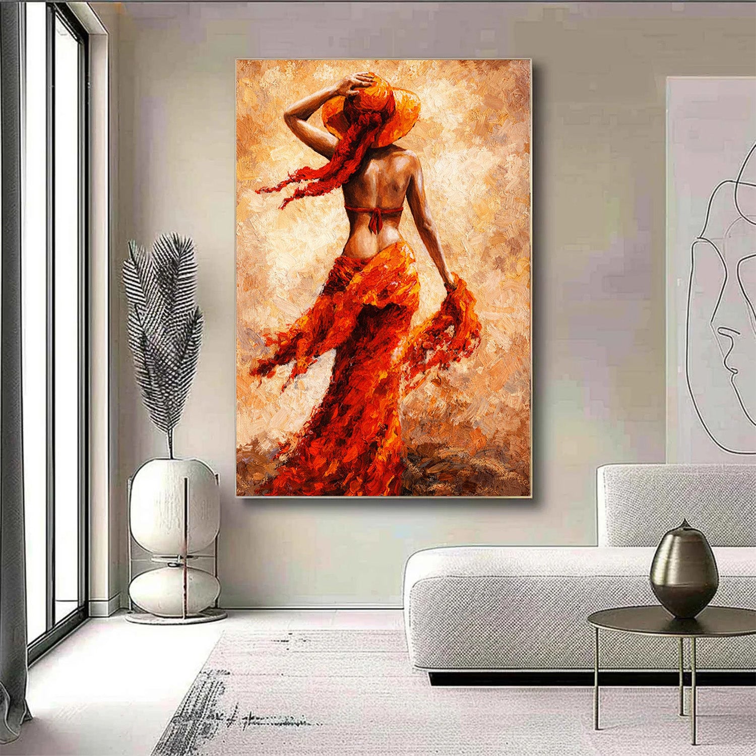 Modern living room with a large abstract painting of a woman in an orange dress.