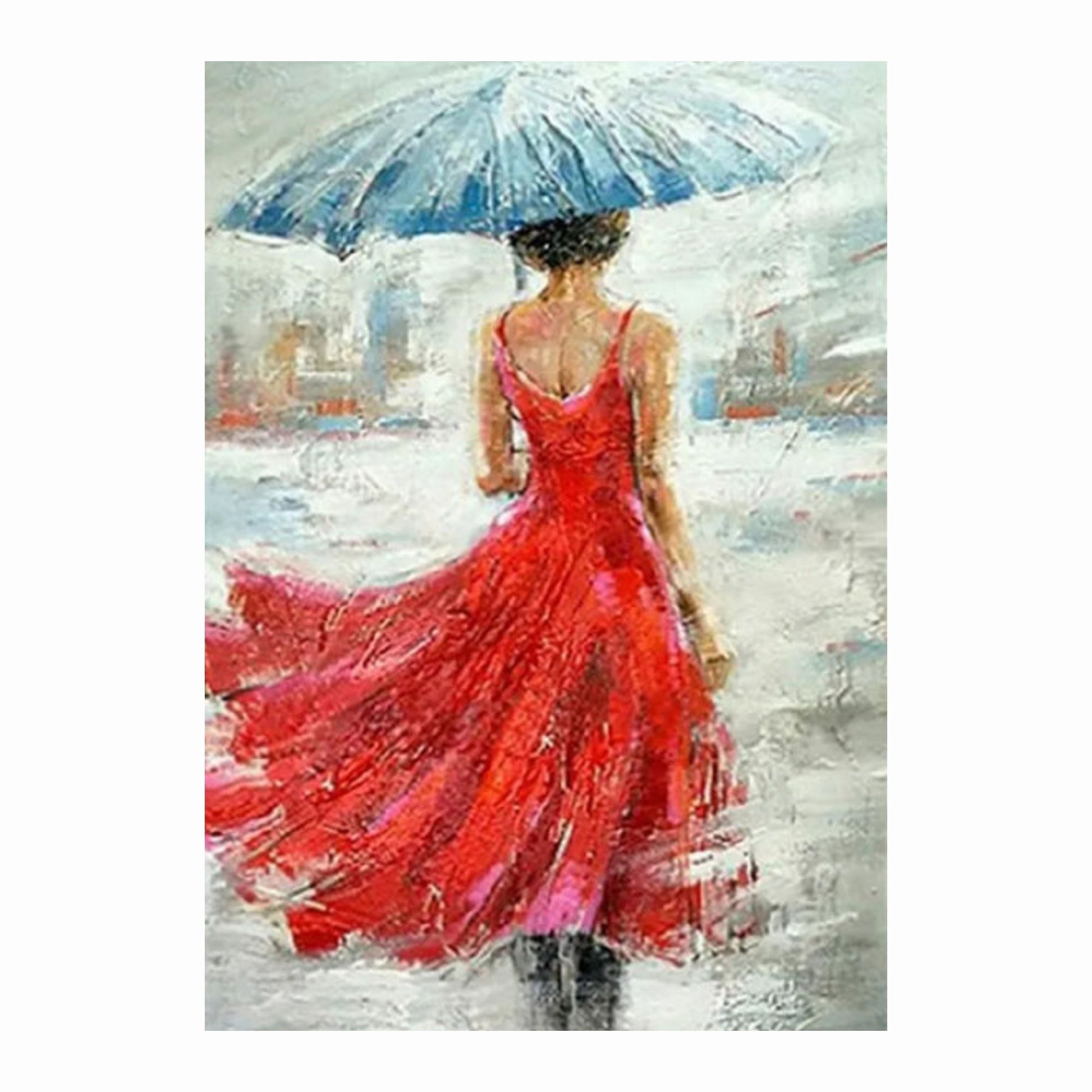 Woman in a red dress holding a blue umbrella in an abstract rain scene
