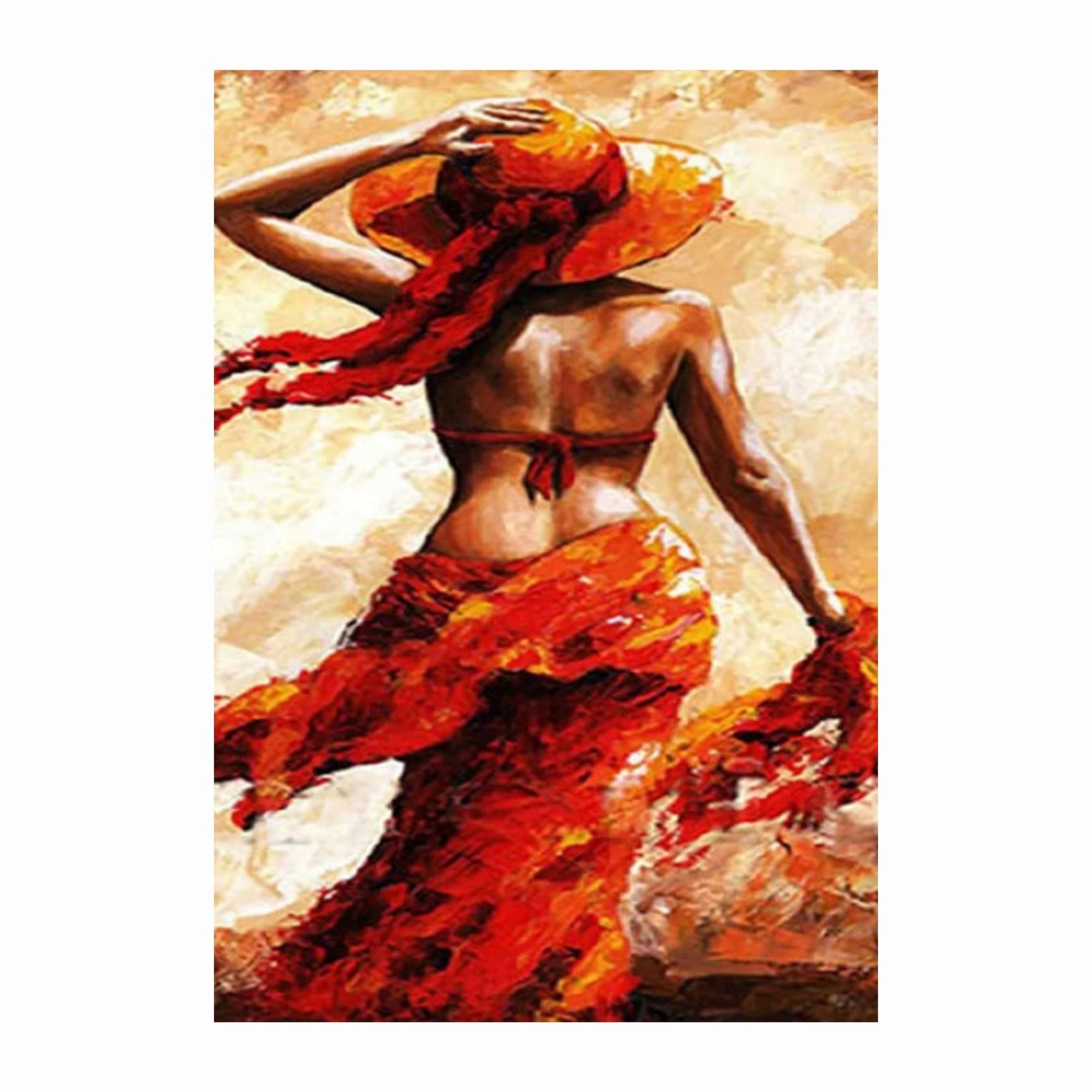 Artistic depiction of a woman in a red dress and hat with a warm color palette.