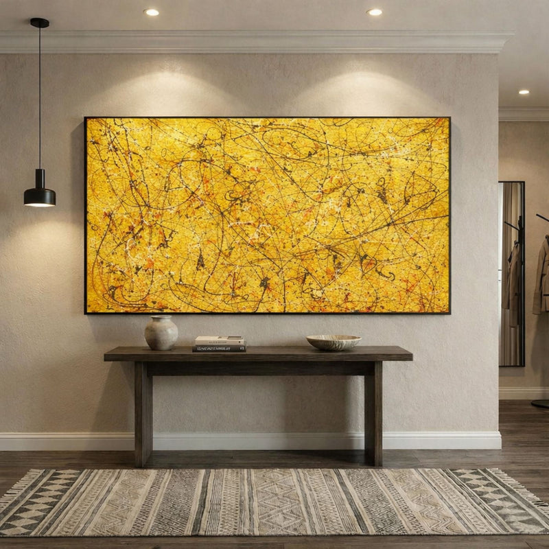 Yellow Pollock-Inspired Abstract Canvas Painting