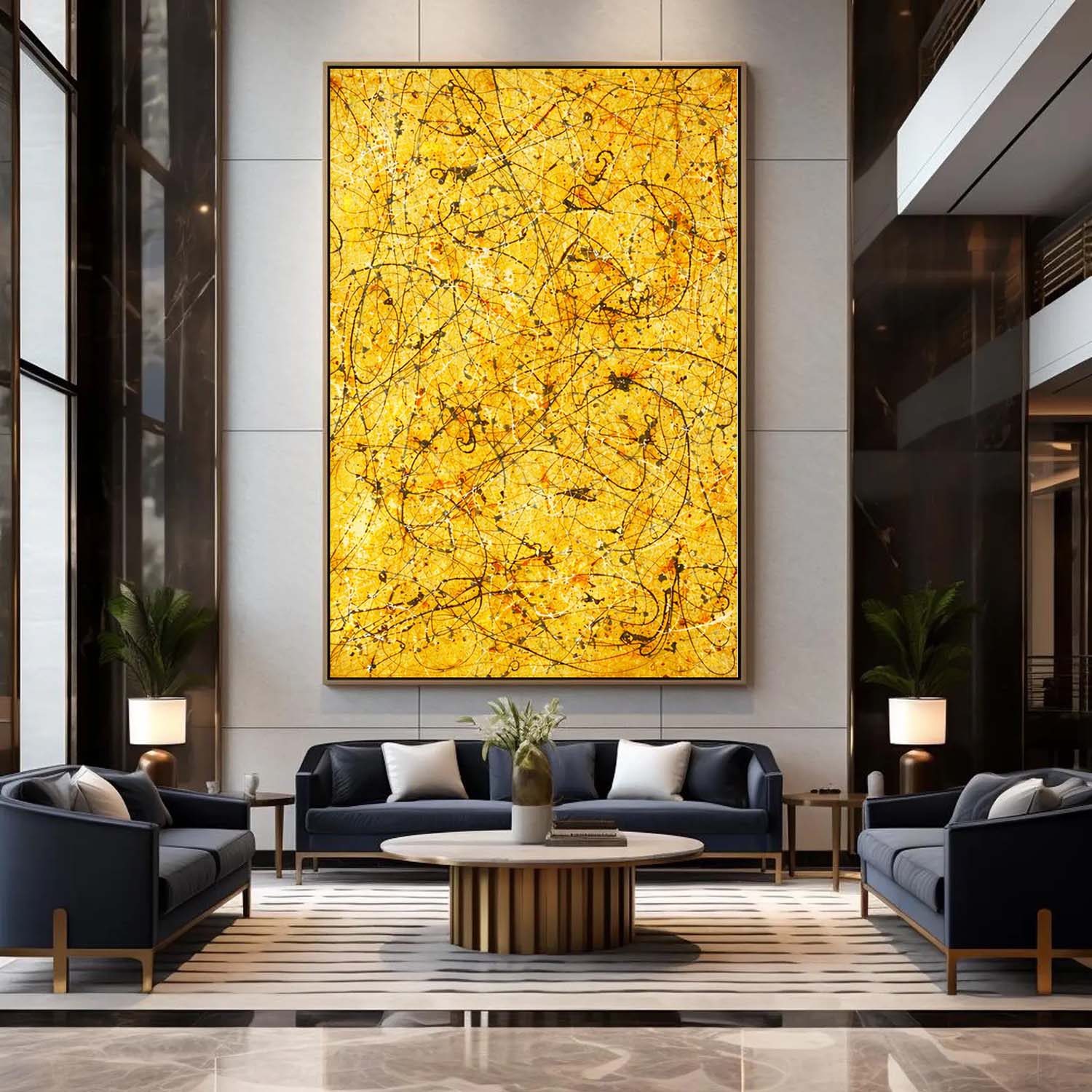 Modern living room with abstract yellow painting on the wall