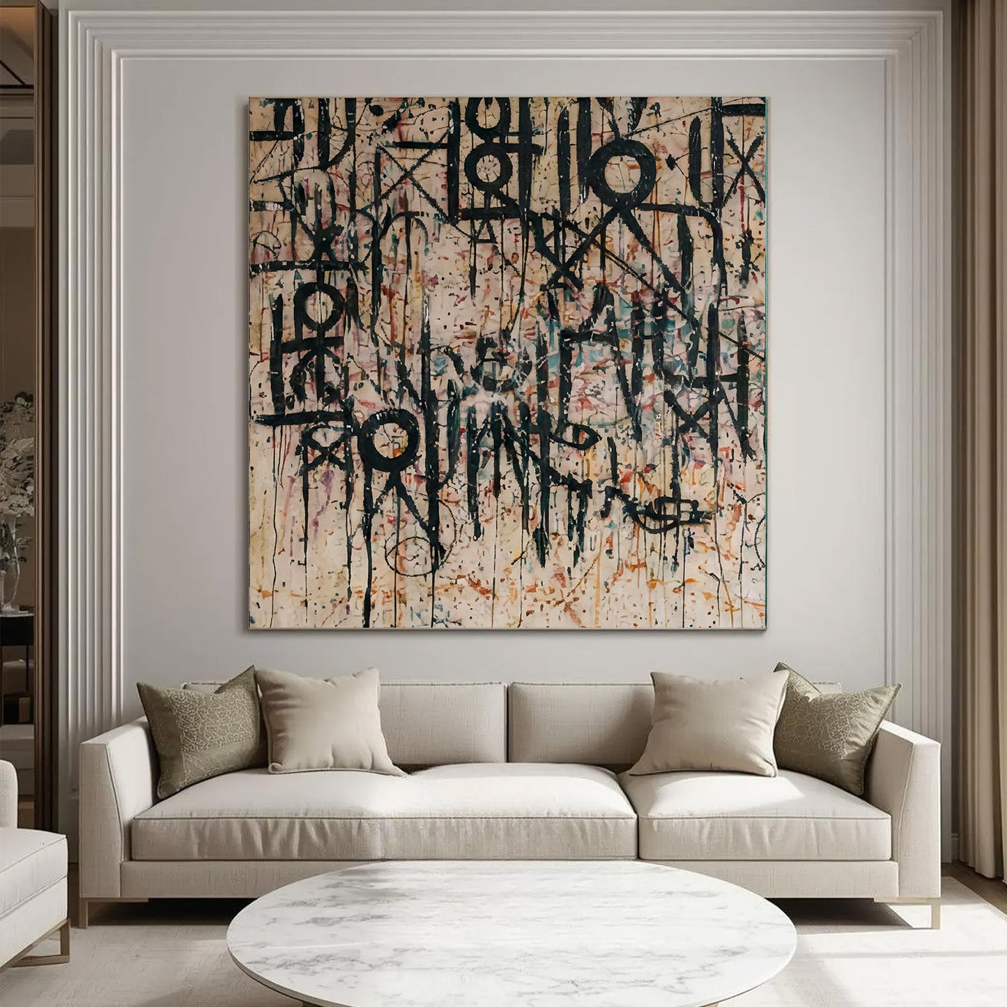 Abstract painting on a wall above a beige sofa in a living room.