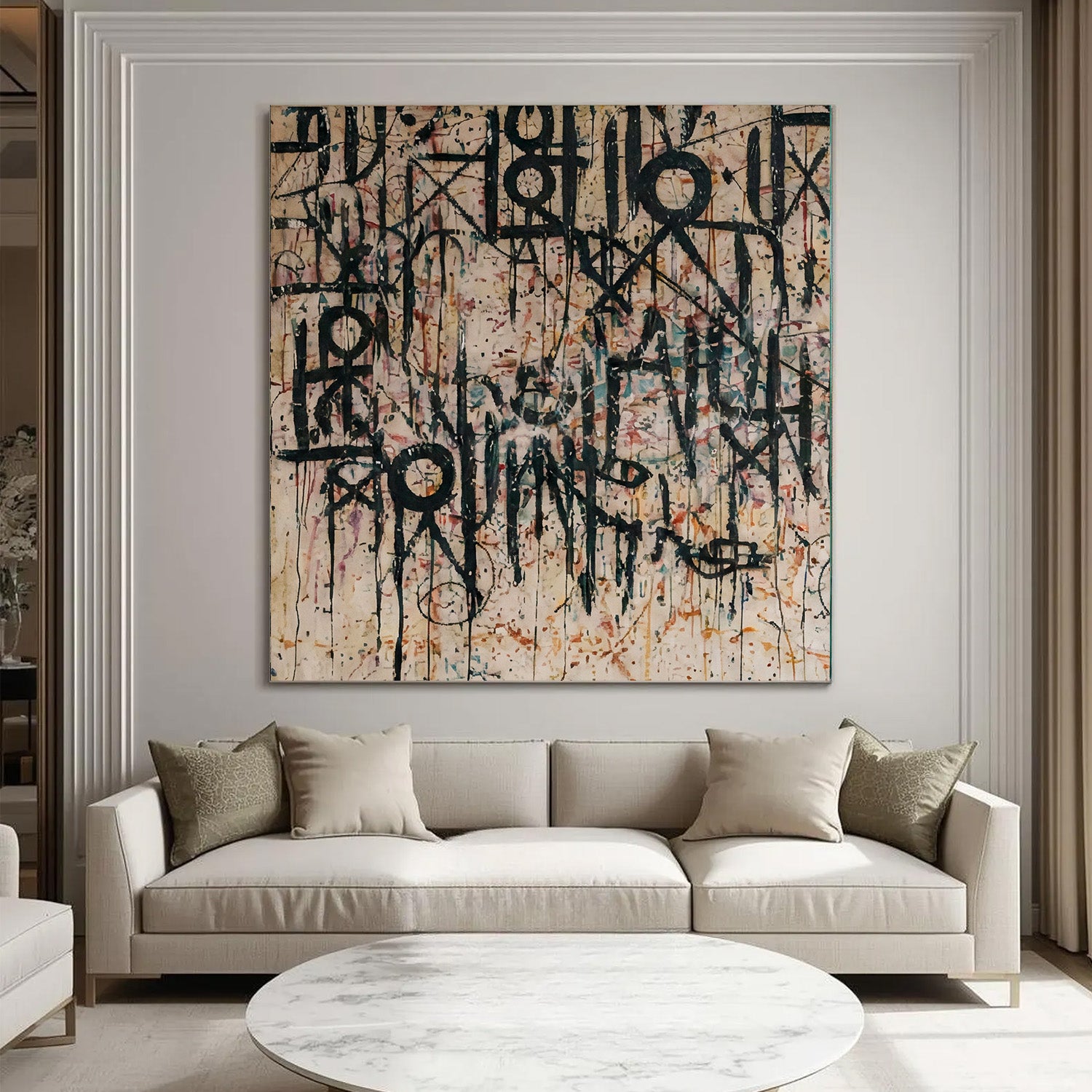Abstract painting on a wall above a beige sofa in a living room.