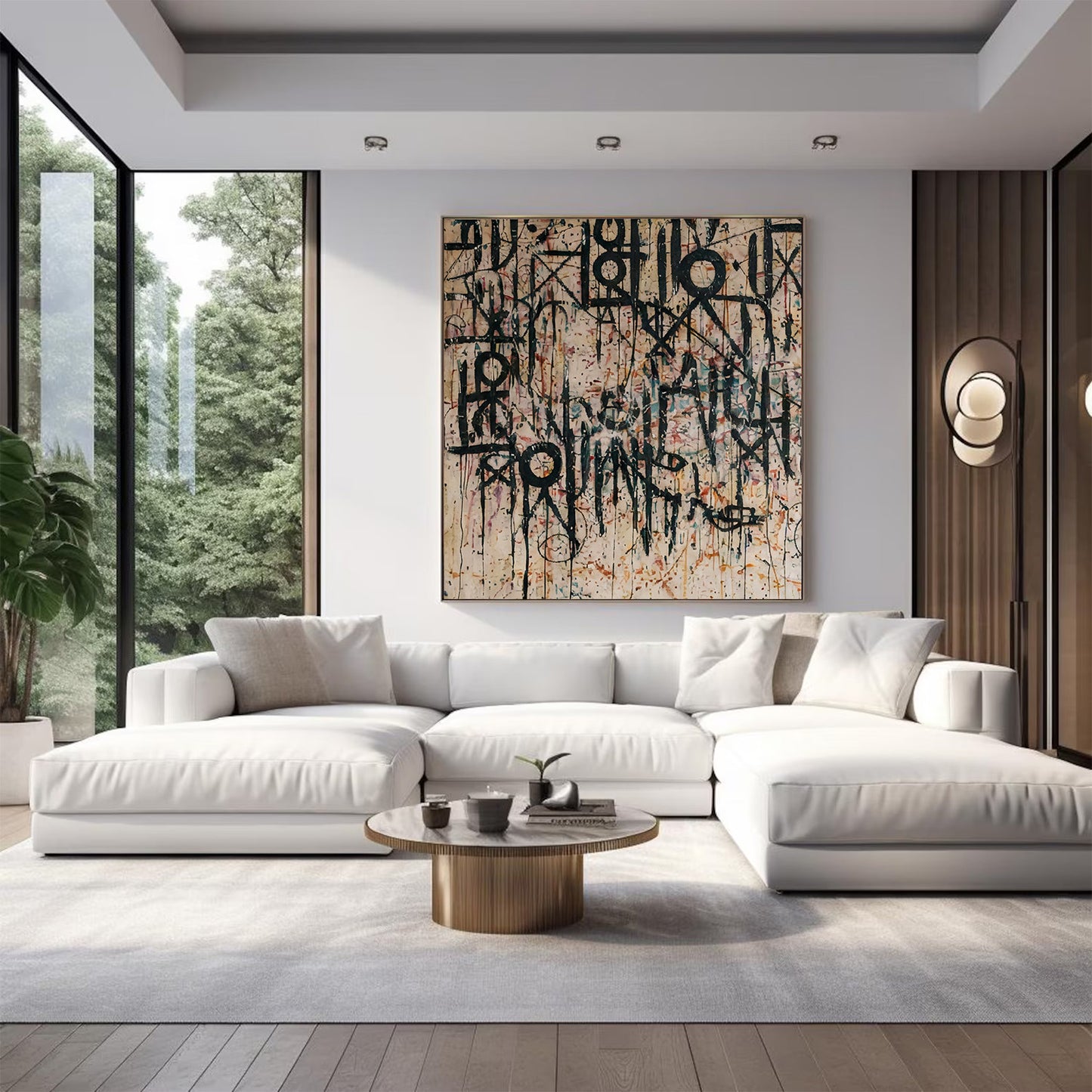 Modern living room with a white sofa, wooden coffee table, and abstract artwork on the wall.