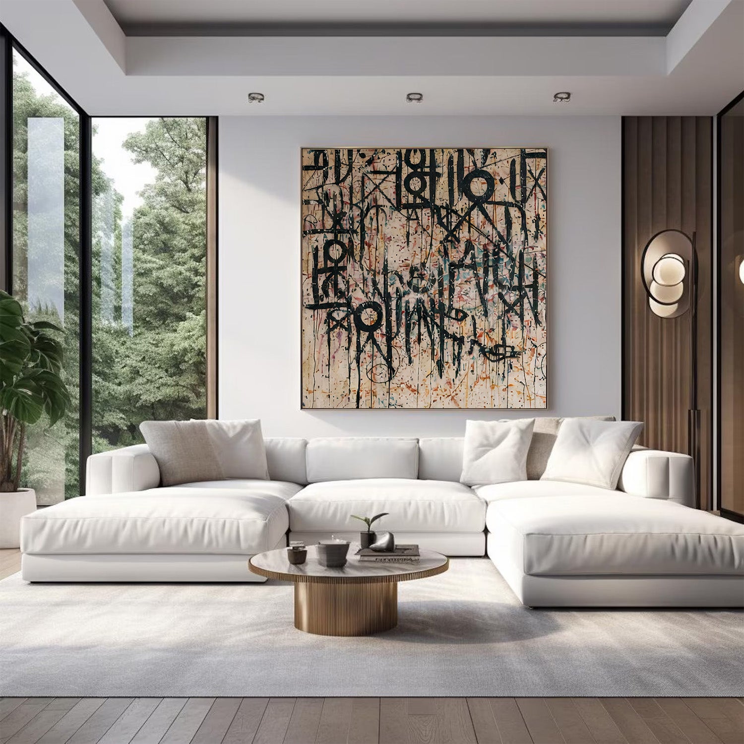 Modern living room with a white sofa, wooden coffee table, and abstract artwork on the wall.