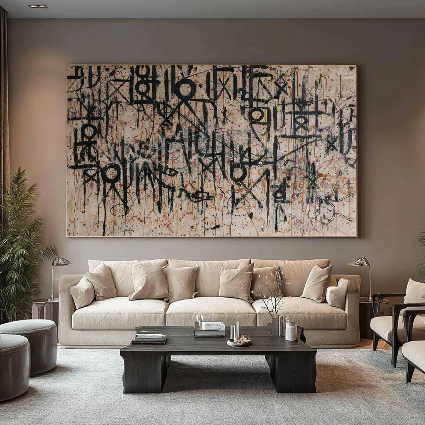 Modern living room with a large abstract painting on the wall.