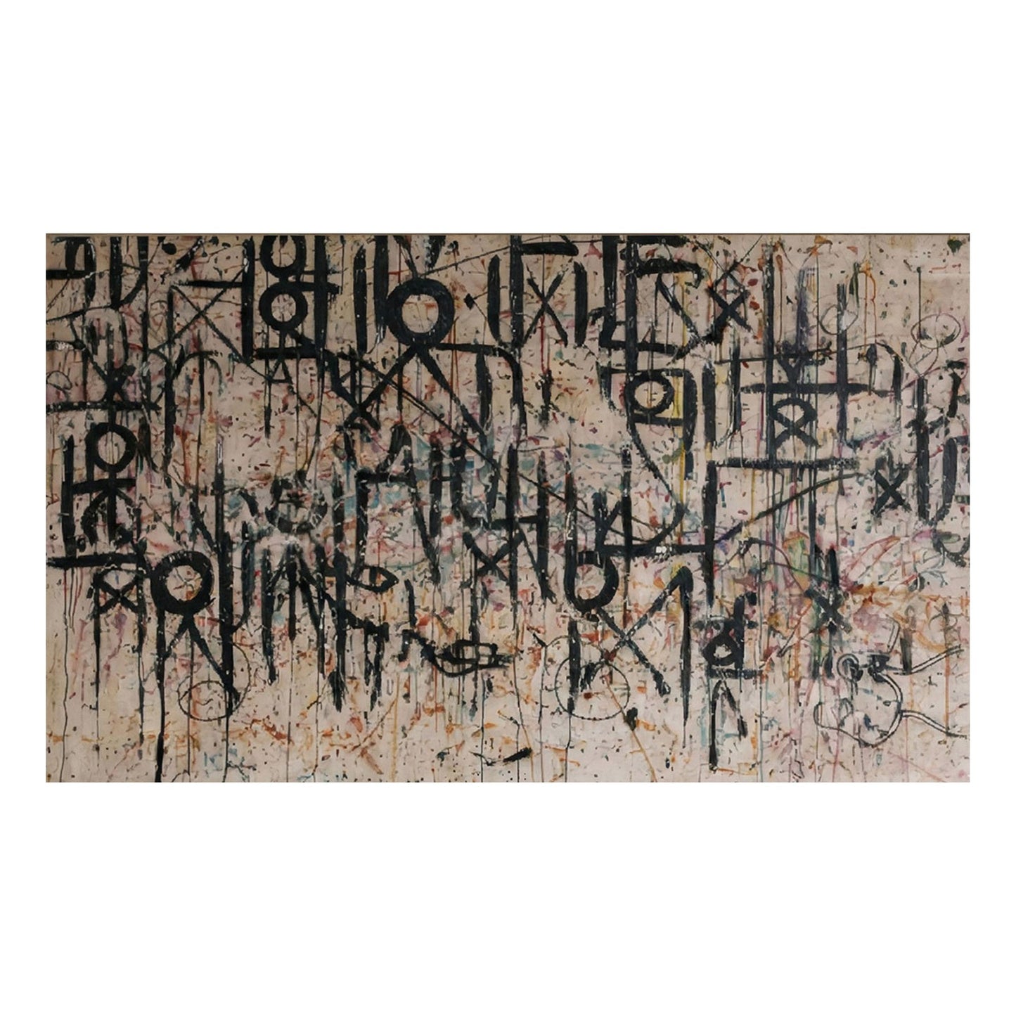 Abstract artwork with black and white text on a textured background