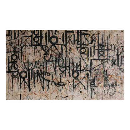 Abstract artwork with black and white text on a textured background