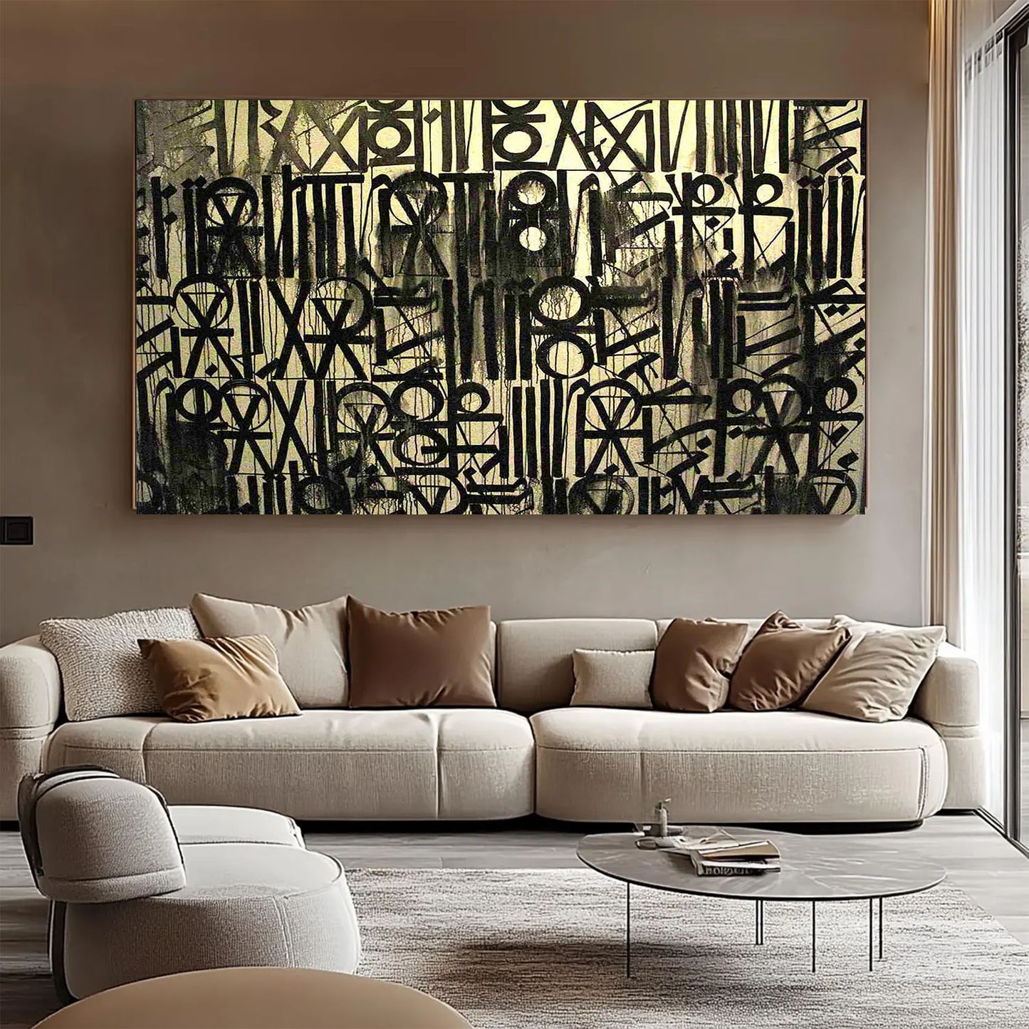 Abstract art piece on a wall above a beige sofa in a modern living room.
