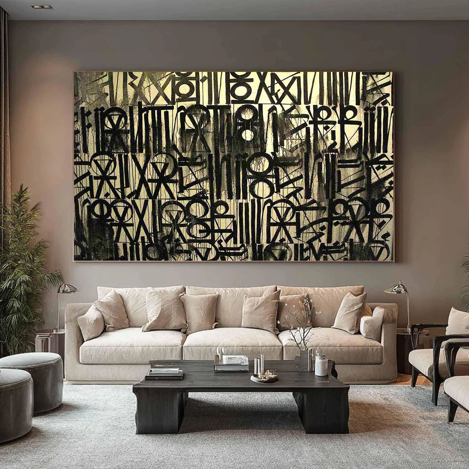 Modern living room with a large abstract painting on the wall.