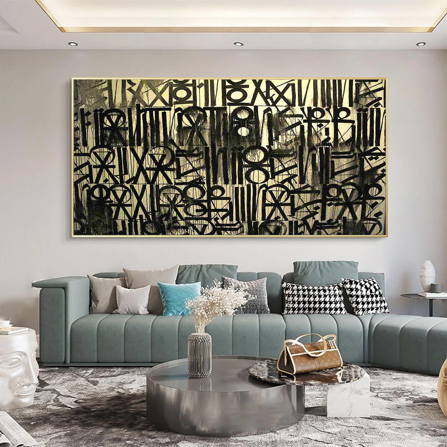 Modern living room with a large abstract painting on the wall.