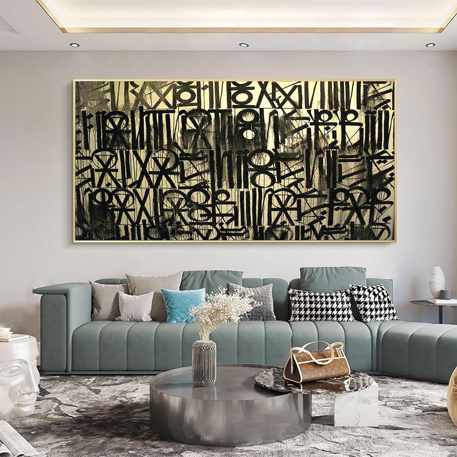 Modern living room with a large abstract painting on the wall.