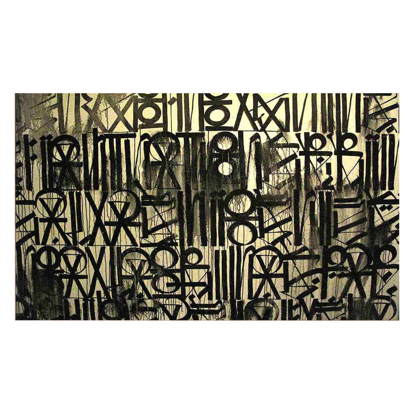 Abstract art piece with black geometric patterns on a beige background