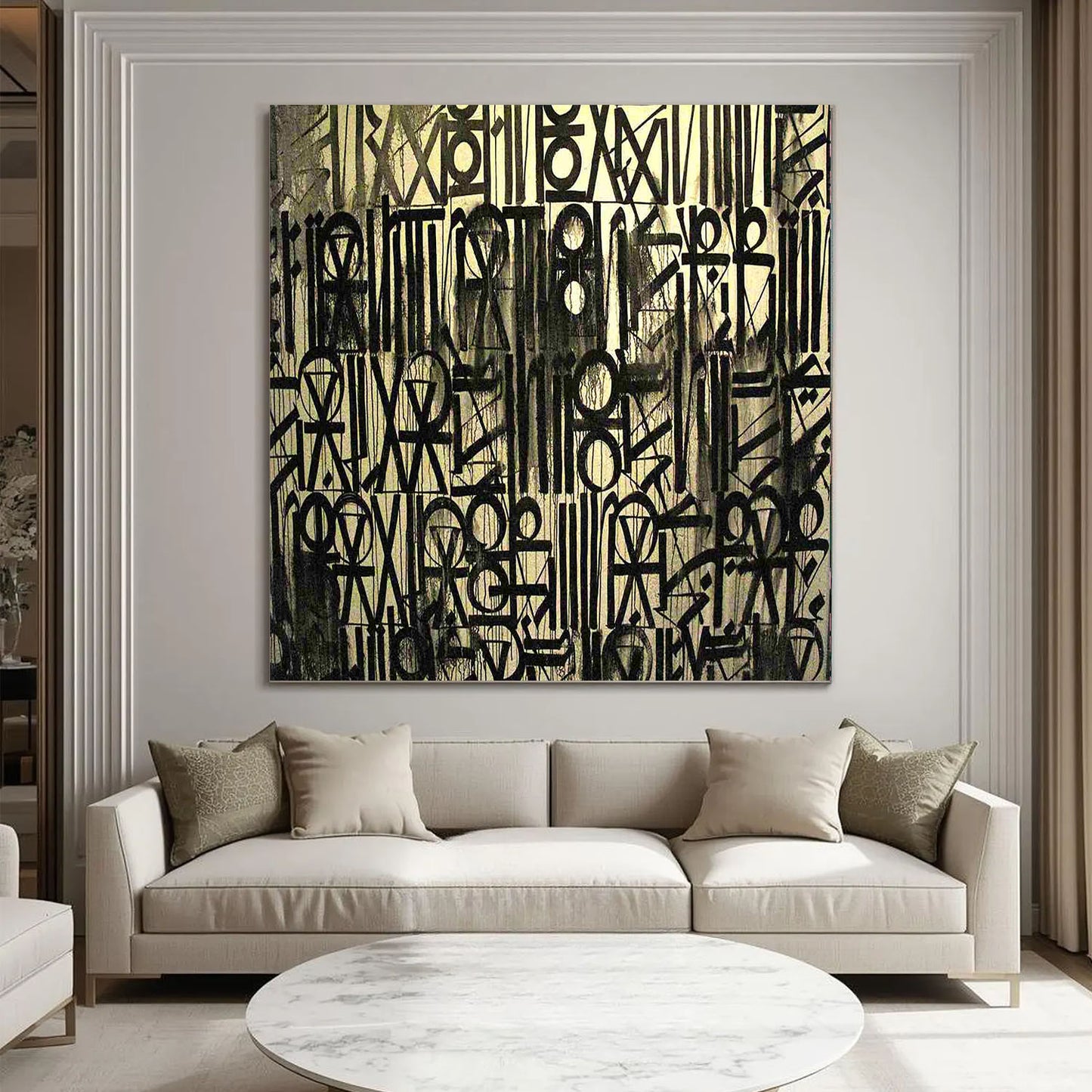 Modern living room with a large abstract painting above a beige sofa.