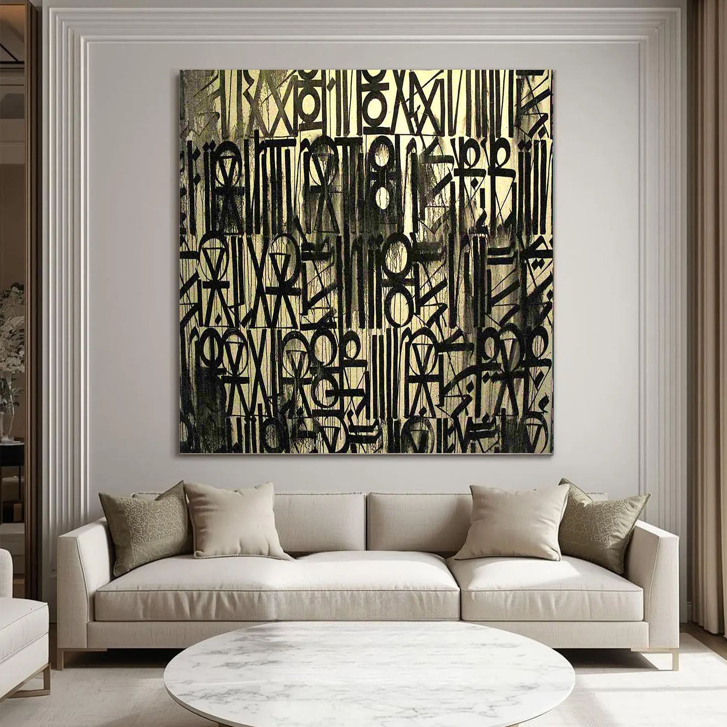 Modern living room with a large abstract painting above a beige sofa.