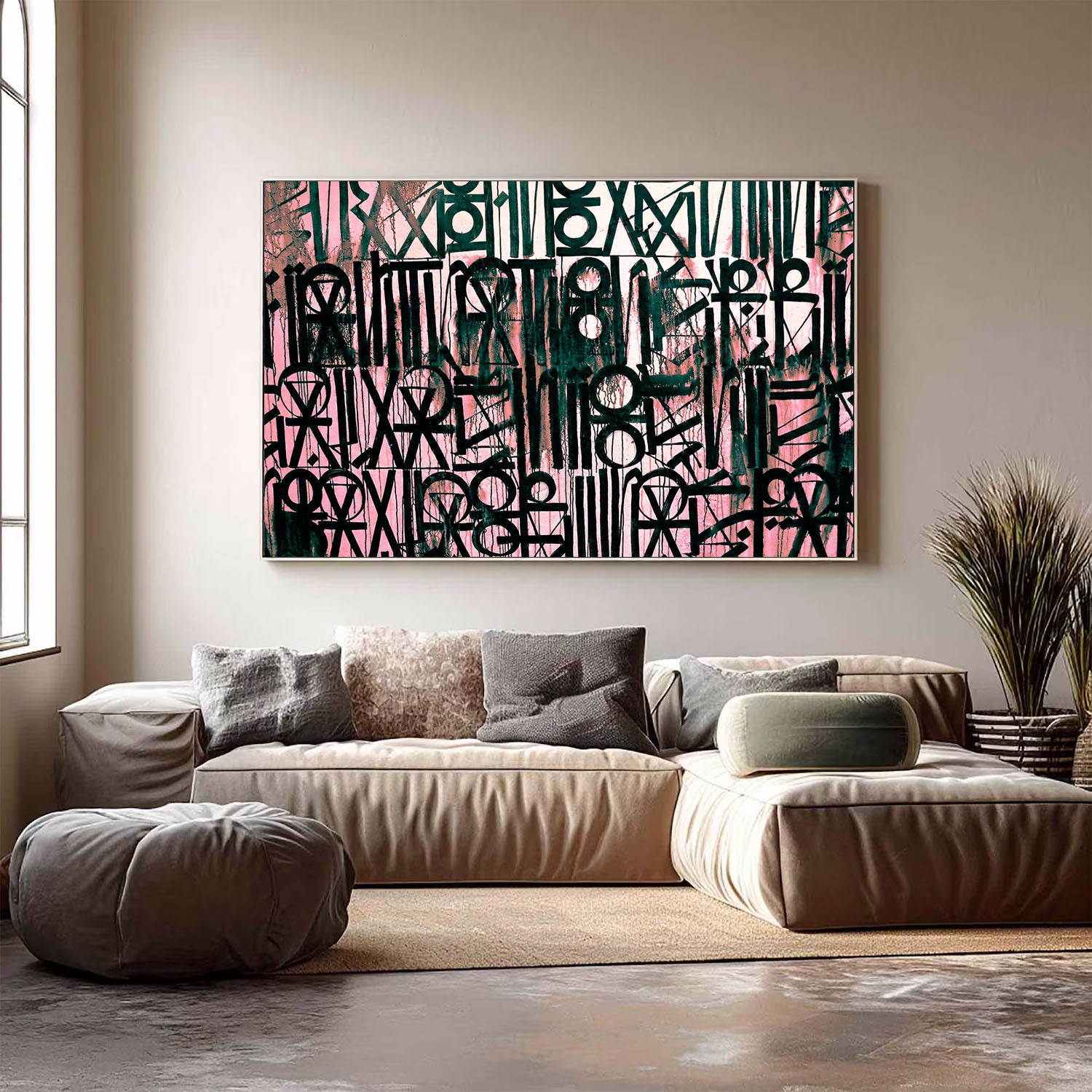 Abstract artwork on a wall above a sofa in a living room