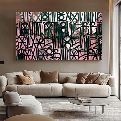 Abstract art painting in a modern living room with a sofa and coffee table.