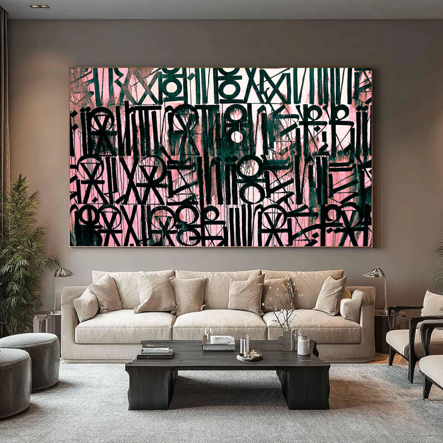 Living room with a large abstract painting on the wall above a beige sofa.