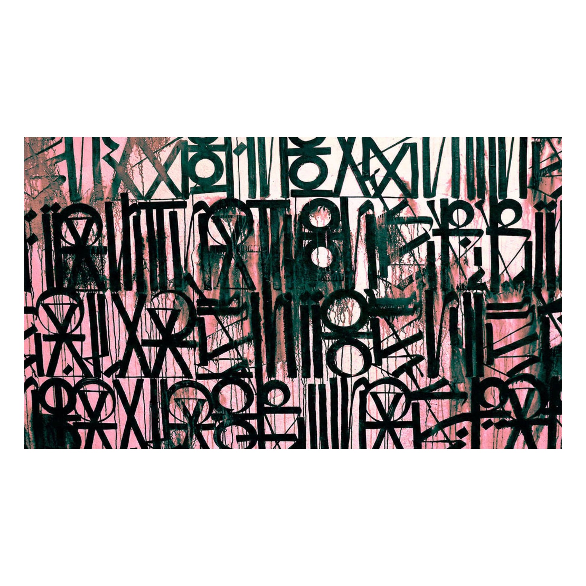 Abstract art with black and green patterns on a pink background