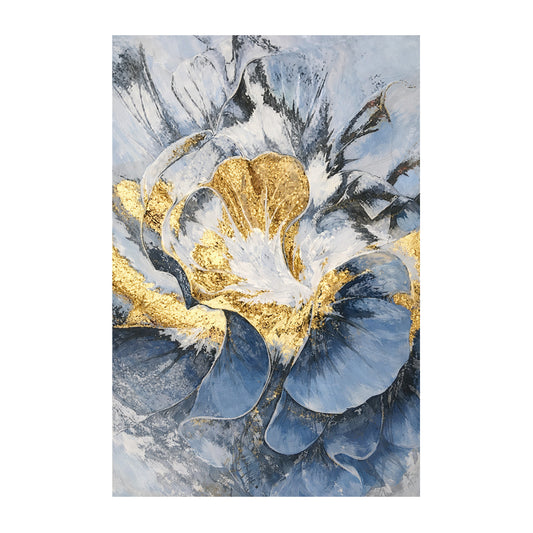 Abstract art piece with gold and blue floral elements on a light gray background