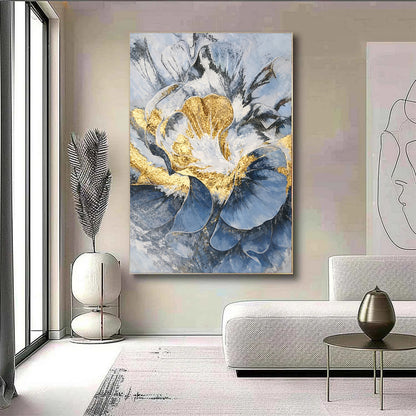 Modern living room with abstract floral artwork on the wall
