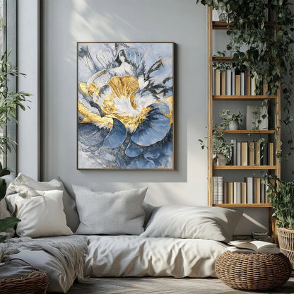 Living room with a floral painting, bookshelf, and plants