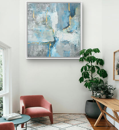 Arte astratta da appendere alla parete con texture blu e chiara
