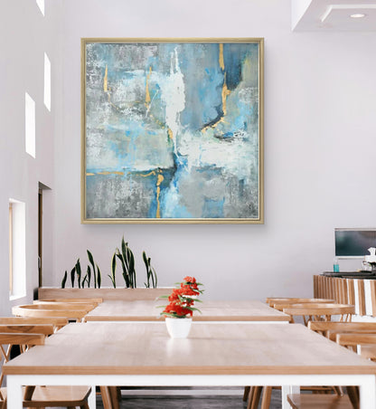 Arte astratta da appendere alla parete con texture blu e chiara