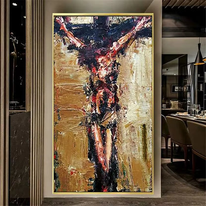 Abstract painting of a crucifixion scene in a modern interior setting