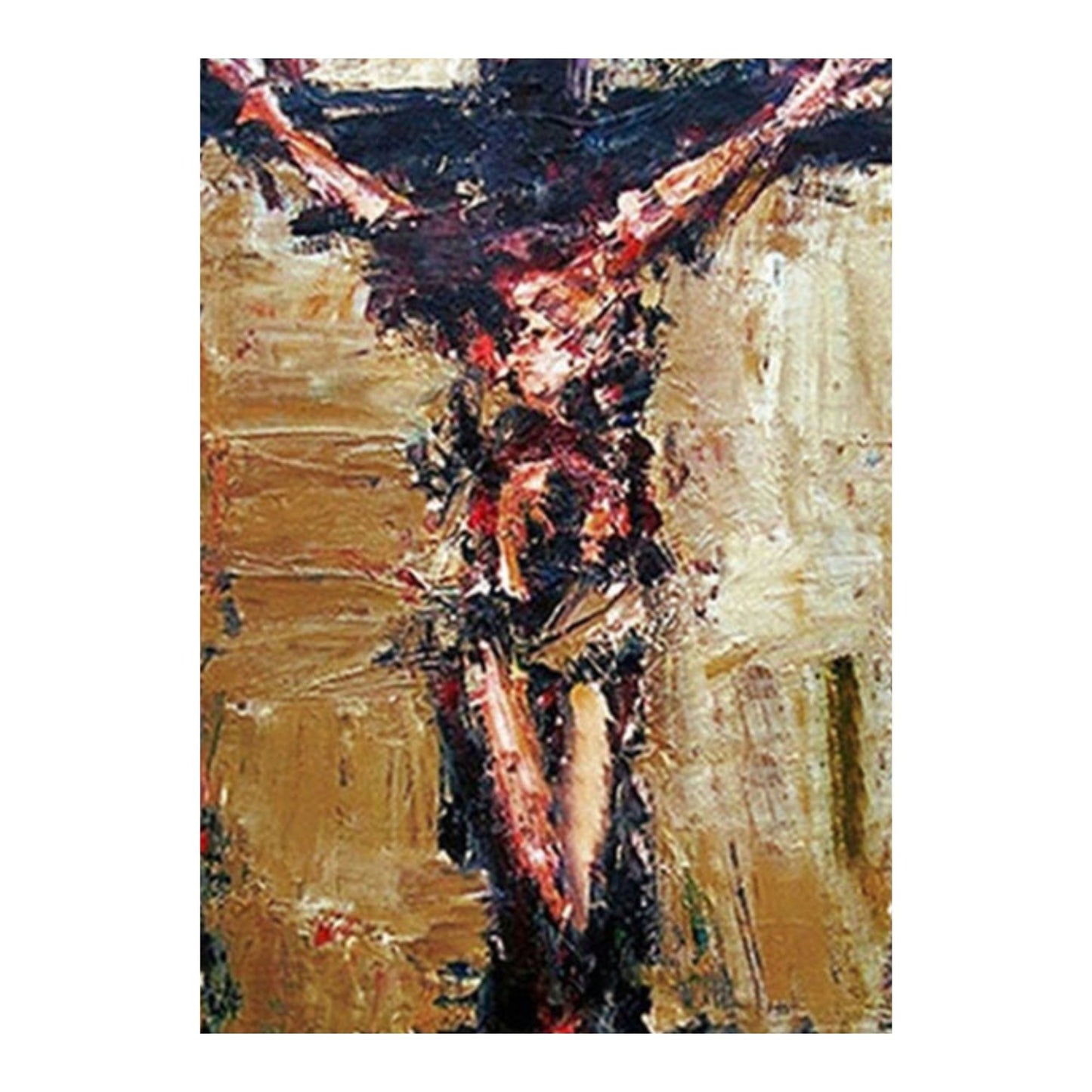 Abstract religious painting with Jesus -  bold brush strokes in brown, black, and red on a white background