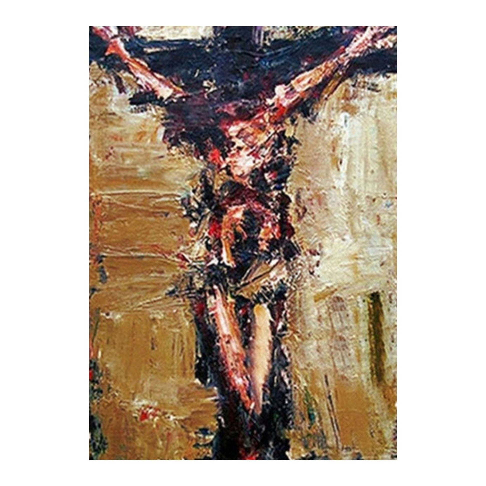Abstract religious painting with Jesus -  bold brush strokes in brown, black, and red on a white background