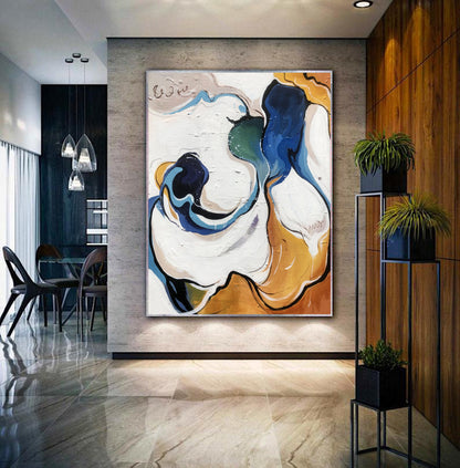 Abstract Fluid Motion Painting – Blue, Green & Gold Textured Canvas Wall Art
