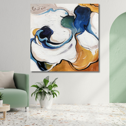 Abstract Fluid Motion Painting – Blue, Green & Gold Textured Canvas Wall Art
