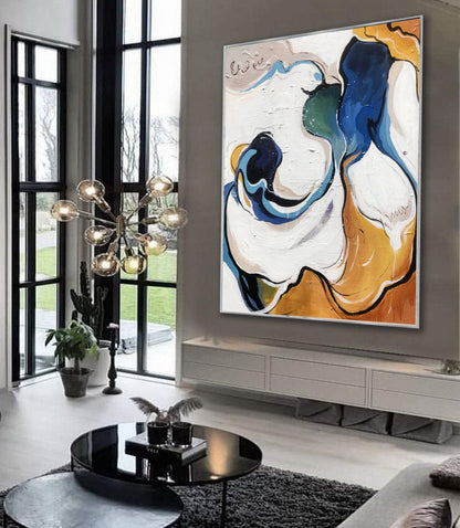 Abstract Fluid Motion Painting – Blue, Green & Gold Textured Canvas Wall Art