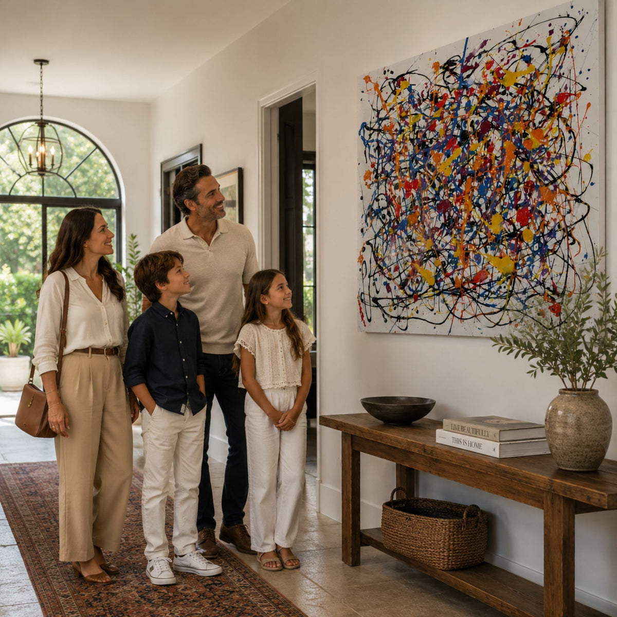 A family admiring a large colorful abstract expressionist painting displayed above a wooden console table in a bright modern hallway, highlighting contemporary hand-painted wall art