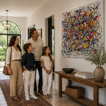 A family admiring a large colorful abstract expressionist painting displayed above a wooden console table in a bright modern hallway, highlighting contemporary hand-painted wall art