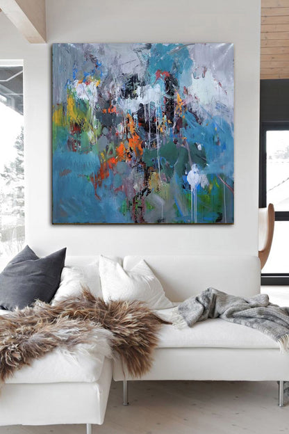 Colorful Abstract Expressionist Canvas – Textured Modern Wall Art with Teal, Orange & Black